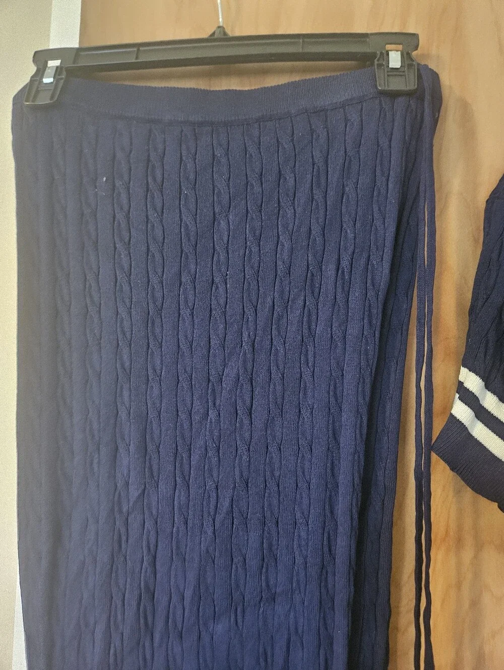 Navy Blue Women's Two-Piece Knit Pants Set with White Stripes